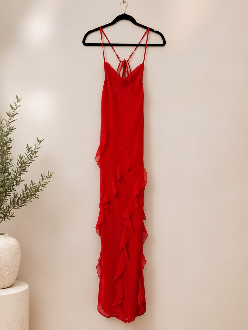 White Fox Red Ruffle Maxi Dress